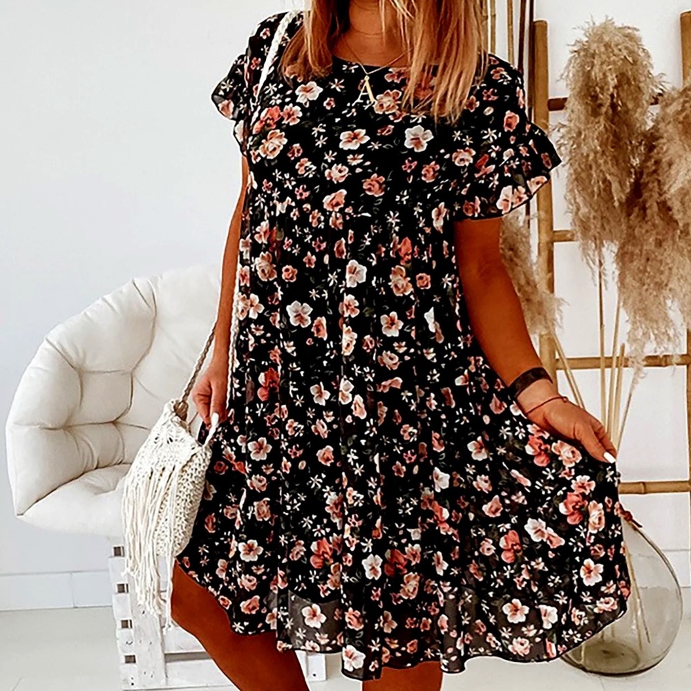 Women's Plus Size Women's Summer O-neck Dress Beach Floral Print Ruffles Casual